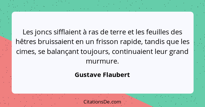 Les joncs sifflaient à ras de terre et les feuilles des hêtres bruissaient en un frisson rapide, tandis que les cimes, se balançant... - Gustave Flaubert