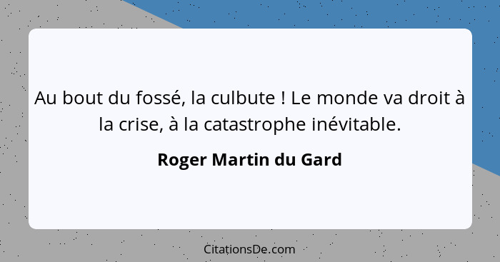 Au bout du fossé, la culbute ! Le monde va droit à la crise, à la catastrophe inévitable.... - Roger Martin du Gard