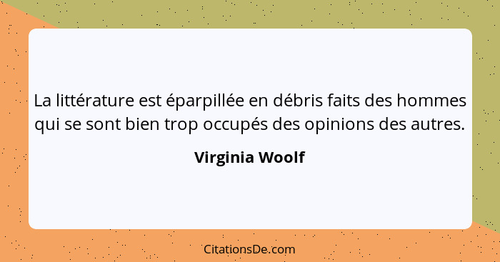 La littérature est éparpillée en débris faits des hommes qui se sont bien trop occupés des opinions des autres.... - Virginia Woolf