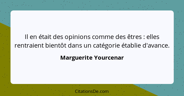 Il en était des opinions comme des êtres : elles rentraient bientôt dans un catégorie établie d'avance.... - Marguerite Yourcenar