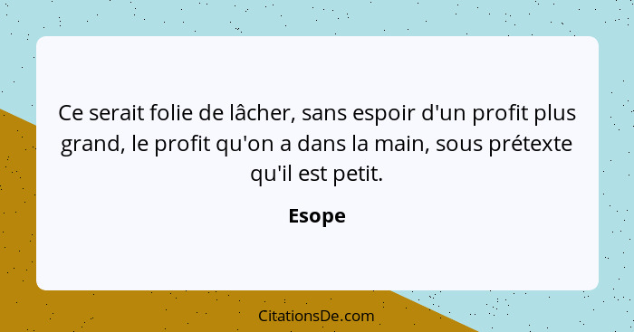 Ce serait folie de lâcher, sans espoir d'un profit plus grand, le profit qu'on a dans la main, sous prétexte qu'il est petit.... - Esope