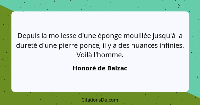 Depuis la mollesse d'une éponge mouillée jusqu'à la dureté d'une pierre ponce, il y a des nuances infinies. Voilà l'homme.... - Honoré de Balzac