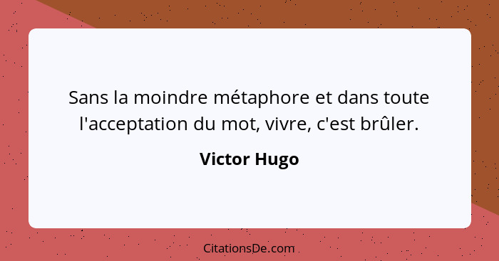 Sans la moindre métaphore et dans toute l'acceptation du mot, vivre, c'est brûler.... - Victor Hugo