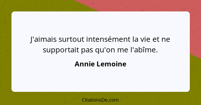 J'aimais surtout intensément la vie et ne supportait pas qu'on me l'abîme.... - Annie Lemoine