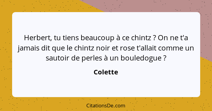 Herbert, tu tiens beaucoup à ce chintz ? On ne t'a jamais dit que le chintz noir et rose t'allait comme un sautoir de perles à un boule... - Colette