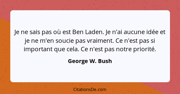 Je ne sais pas où est Ben Laden. Je n'ai aucune idée et je ne m'en soucie pas vraiment. Ce n'est pas si important que cela. Ce n'est... - George W. Bush