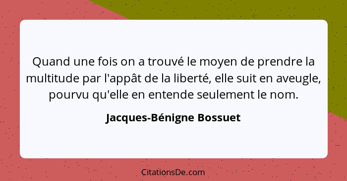 Quand une fois on a trouvé le moyen de prendre la multitude par l'appât de la liberté, elle suit en aveugle, pourvu qu'elle... - Jacques-Bénigne Bossuet