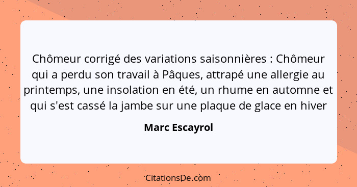 Chômeur corrigé des variations saisonnières : Chômeur qui a perdu son travail à Pâques, attrapé une allergie au printemps, une in... - Marc Escayrol