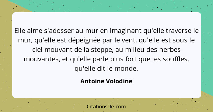 Elle aime s'adosser au mur en imaginant qu'elle traverse le mur, qu'elle est dépeignée par le vent, qu'elle est sous le ciel mouvan... - Antoine Volodine