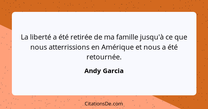 La liberté a été retirée de ma famille jusqu'à ce que nous atterrissions en Amérique et nous a été retournée.... - Andy Garcia