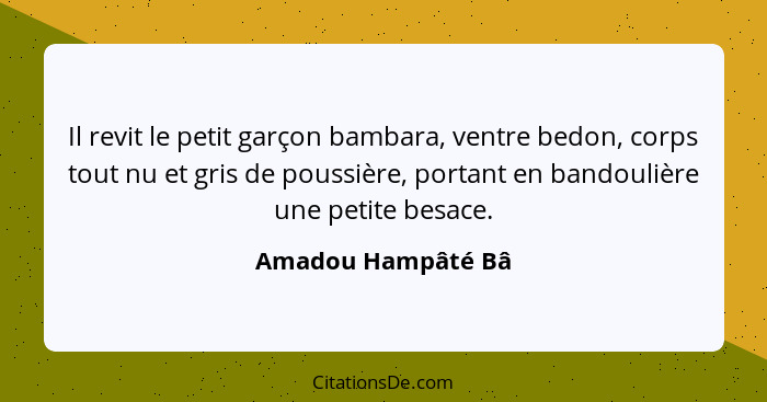 Il revit le petit garçon bambara, ventre bedon, corps tout nu et gris de poussière, portant en bandoulière une petite besace.... - Amadou Hampâté Bâ