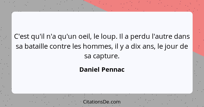 C'est qu'il n'a qu'un oeil, le loup. Il a perdu l'autre dans sa bataille contre les hommes, il y a dix ans, le jour de sa capture.... - Daniel Pennac