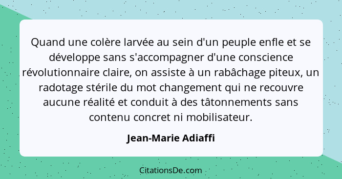 Quand une colère larvée au sein d'un peuple enfle et se développe sans s'accompagner d'une conscience révolutionnaire claire, on... - Jean-Marie Adiaffi