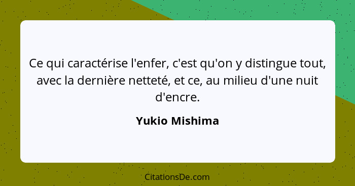 Ce qui caractérise l'enfer, c'est qu'on y distingue tout, avec la dernière netteté, et ce, au milieu d'une nuit d'encre.... - Yukio Mishima