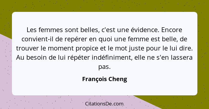 Les femmes sont belles, c'est une évidence. Encore convient-il de repérer en quoi une femme est belle, de trouver le moment propice e... - François Cheng