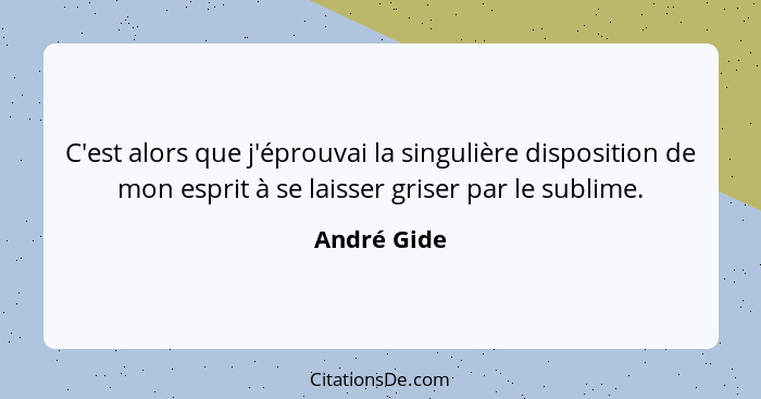 C'est alors que j'éprouvai la singulière disposition de mon esprit à se laisser griser par le sublime.... - André Gide