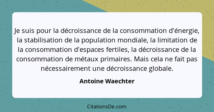 Je suis pour la décroissance de la consommation d'énergie, la stabilisation de la population mondiale, la limitation de la consomma... - Antoine Waechter