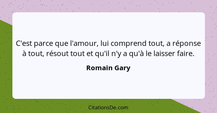 C'est parce que l'amour, lui comprend tout, a réponse à tout, résout tout et qu'il n'y a qu'à le laisser faire.... - Romain Gary