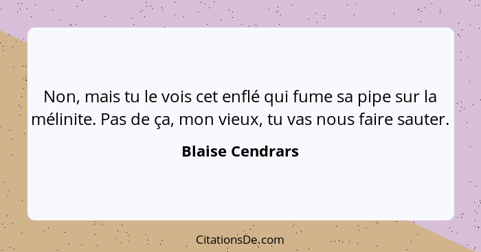 Non, mais tu le vois cet enflé qui fume sa pipe sur la mélinite. Pas de ça, mon vieux, tu vas nous faire sauter.... - Blaise Cendrars