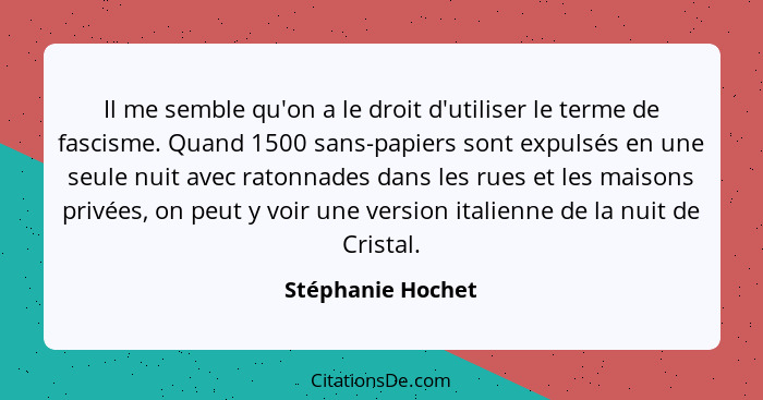 Il me semble qu'on a le droit d'utiliser le terme de fascisme. Quand 1500 sans-papiers sont expulsés en une seule nuit avec ratonna... - Stéphanie Hochet