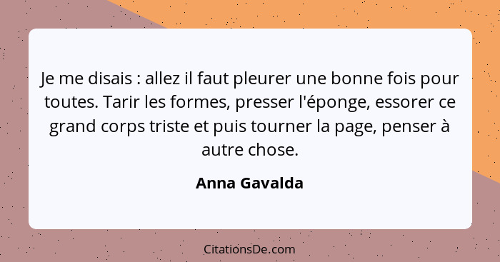 Je me disais : allez il faut pleurer une bonne fois pour toutes. Tarir les formes, presser l'éponge, essorer ce grand corps triste... - Anna Gavalda