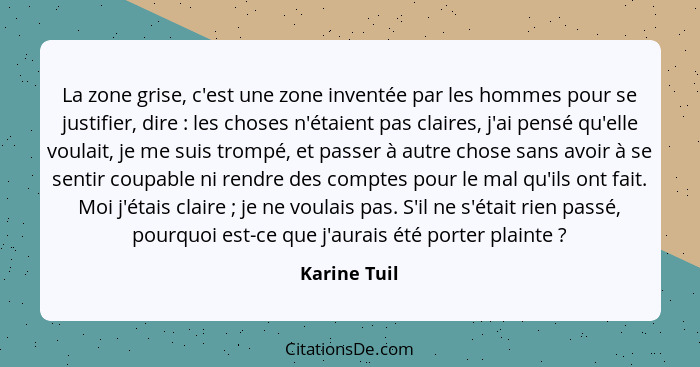 La zone grise, c'est une zone inventée par les hommes pour se justifier, dire : les choses n'étaient pas claires, j'ai pensé qu'ell... - Karine Tuil