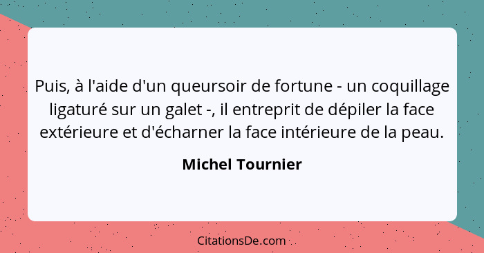 Puis, à l'aide d'un queursoir de fortune - un coquillage ligaturé sur un galet -, il entreprit de dépiler la face extérieure et d'éc... - Michel Tournier