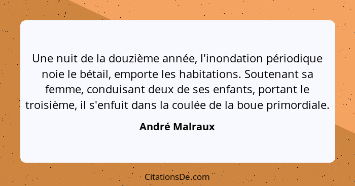 Une nuit de la douzième année, l'inondation périodique noie le bétail, emporte les habitations. Soutenant sa femme, conduisant deux de... - André Malraux