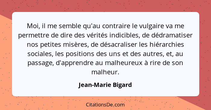 Moi, il me semble qu'au contraire le vulgaire va me permettre de dire des vérités indicibles, de dédramatiser nos petites misères,... - Jean-Marie Bigard