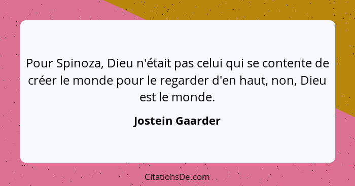 Pour Spinoza, Dieu n'était pas celui qui se contente de créer le monde pour le regarder d'en haut, non, Dieu est le monde.... - Jostein Gaarder