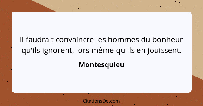 Il faudrait convaincre les hommes du bonheur qu'ils ignorent, lors même qu'ils en jouissent.... - Montesquieu