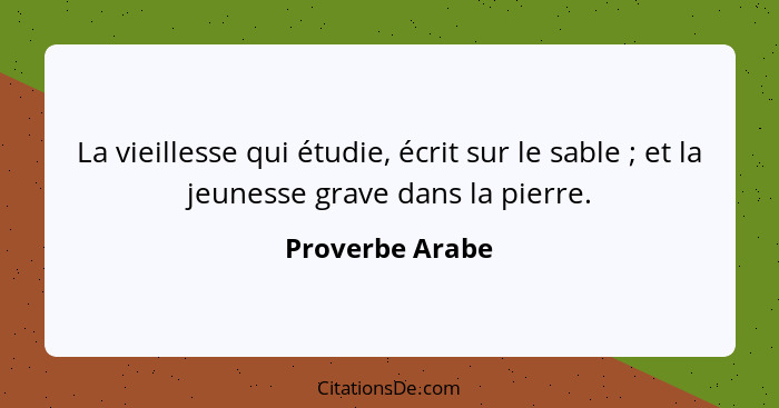 La vieillesse qui étudie, écrit sur le sable ; et la jeunesse grave dans la pierre.... - Proverbe Arabe