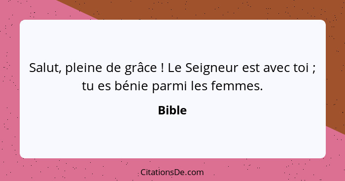 Salut, pleine de grâce ! Le Seigneur est avec toi ; tu es bénie parmi les femmes.... - Bible