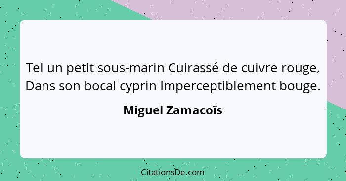 Tel un petit sous-marin Cuirassé de cuivre rouge, Dans son bocal cyprin Imperceptiblement bouge.... - Miguel Zamacoïs