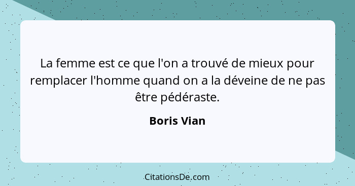 La femme est ce que l'on a trouvé de mieux pour remplacer l'homme quand on a la déveine de ne pas être pédéraste.... - Boris Vian