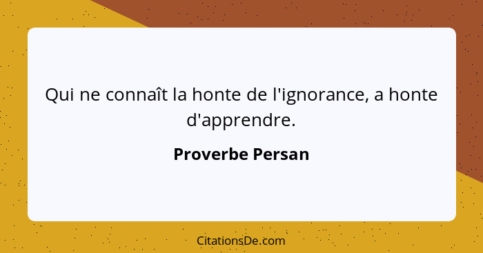 Qui ne connaît la honte de l'ignorance, a honte d'apprendre.... - Proverbe Persan