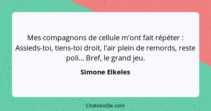 Mes compagnons de cellule m'ont fait répéter : Assieds-toi, tiens-toi droit, l'air plein de remords, reste poli... Bref, le gran... - Simone Elkeles