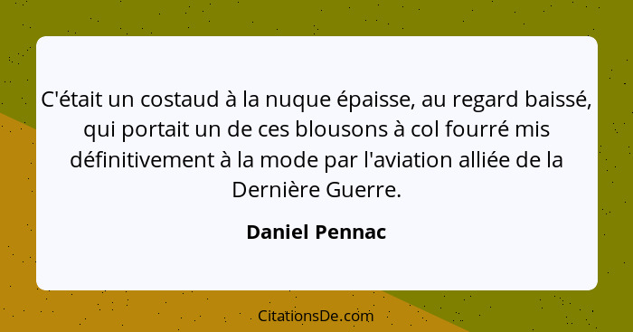 C'était un costaud à la nuque épaisse, au regard baissé, qui portait un de ces blousons à col fourré mis définitivement à la mode par... - Daniel Pennac