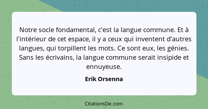 Notre socle fondamental, c'est la langue commune. Et à l'intérieur de cet espace, il y a ceux qui inventent d'autres langues, qui torpi... - Erik Orsenna