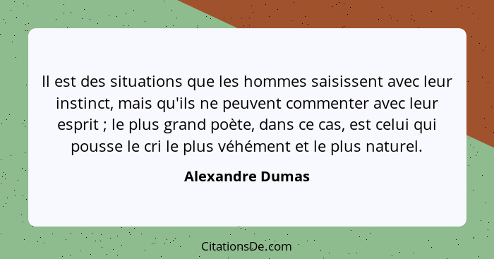 Il est des situations que les hommes saisissent avec leur instinct, mais qu'ils ne peuvent commenter avec leur esprit ; le plus... - Alexandre Dumas