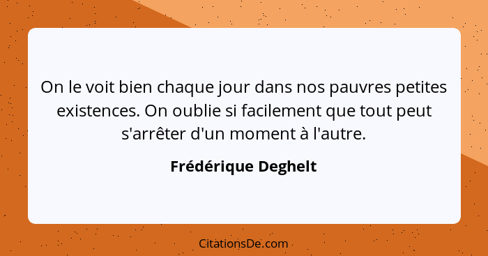 On le voit bien chaque jour dans nos pauvres petites existences. On oublie si facilement que tout peut s'arrêter d'un moment à l'... - Frédérique Deghelt