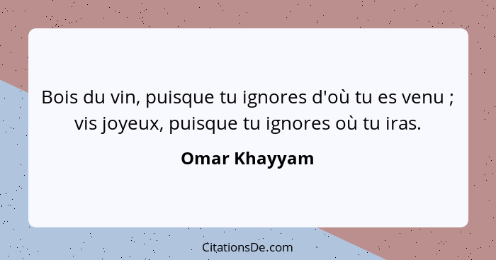 Bois du vin, puisque tu ignores d'où tu es venu ; vis joyeux, puisque tu ignores où tu iras.... - Omar Khayyam