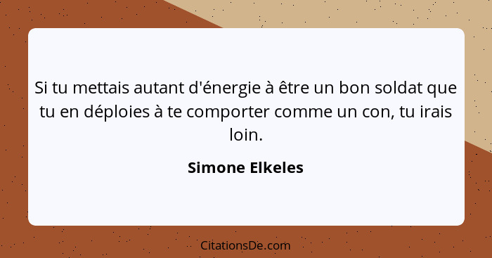 Si tu mettais autant d'énergie à être un bon soldat que tu en déploies à te comporter comme un con, tu irais loin.... - Simone Elkeles