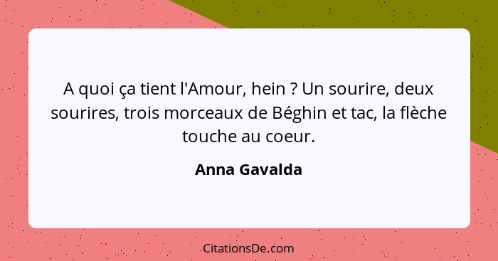 A quoi ça tient l'Amour, hein ? Un sourire, deux sourires, trois morceaux de Béghin et tac, la flèche touche au coeur.... - Anna Gavalda