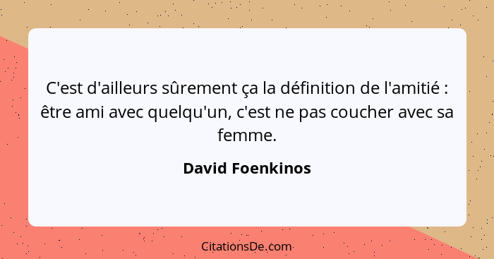 C'est d'ailleurs sûrement ça la définition de l'amitié : être ami avec quelqu'un, c'est ne pas coucher avec sa femme.... - David Foenkinos