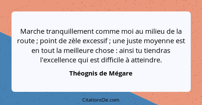 Marche tranquillement comme moi au milieu de la route ; point de zèle excessif ; une juste moyenne est en tout la meill... - Théognis de Mégare