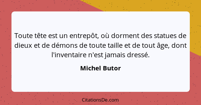 Toute tête est un entrepôt, où dorment des statues de dieux et de démons de toute taille et de tout âge, dont l'inventaire n'est jamais... - Michel Butor