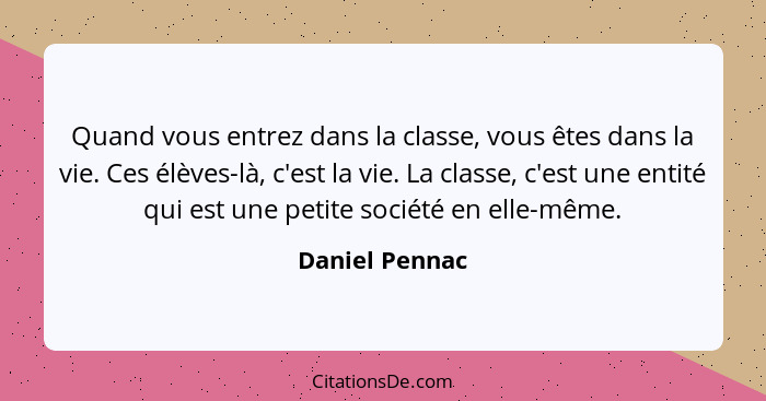 Quand vous entrez dans la classe, vous êtes dans la vie. Ces élèves-là, c'est la vie. La classe, c'est une entité qui est une petite s... - Daniel Pennac