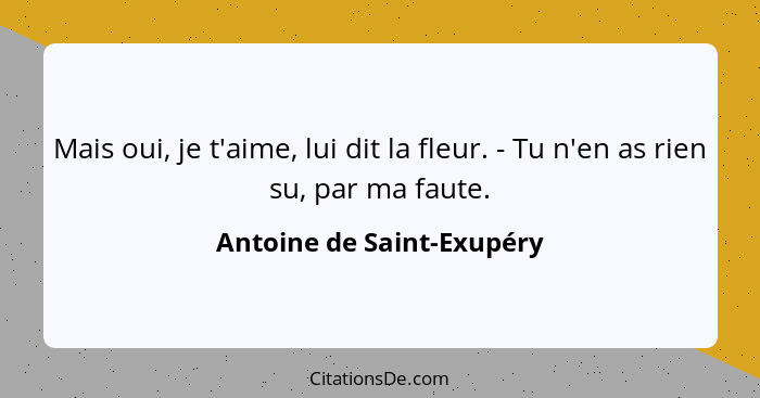 Mais oui, je t'aime, lui dit la fleur. - Tu n'en as rien su, par ma faute.... - Antoine de Saint-Exupéry