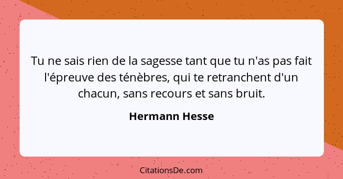 Tu ne sais rien de la sagesse tant que tu n'as pas fait l'épreuve des ténèbres, qui te retranchent d'un chacun, sans recours et sans b... - Hermann Hesse